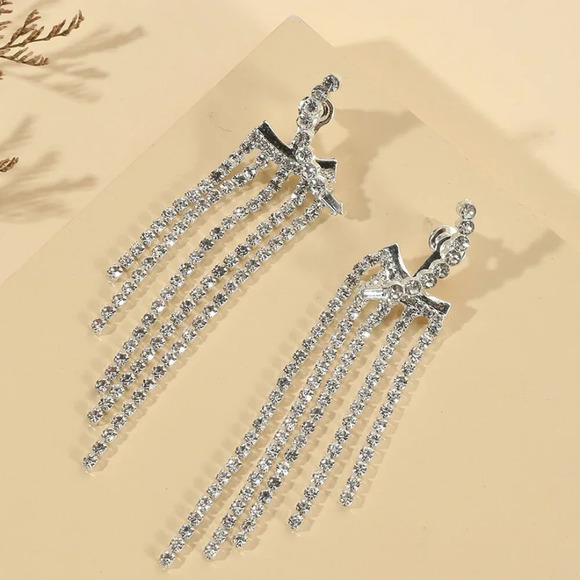 Silver Women's Wedding Long Tassel Rhinestone Earrings formal wedding - Picture 2 of 4